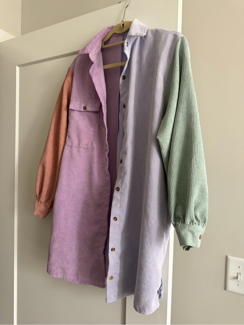 Nasty Gal Colorblock Corduroy Button-Down Shirt Jacket in Lavender, Mint & Peach